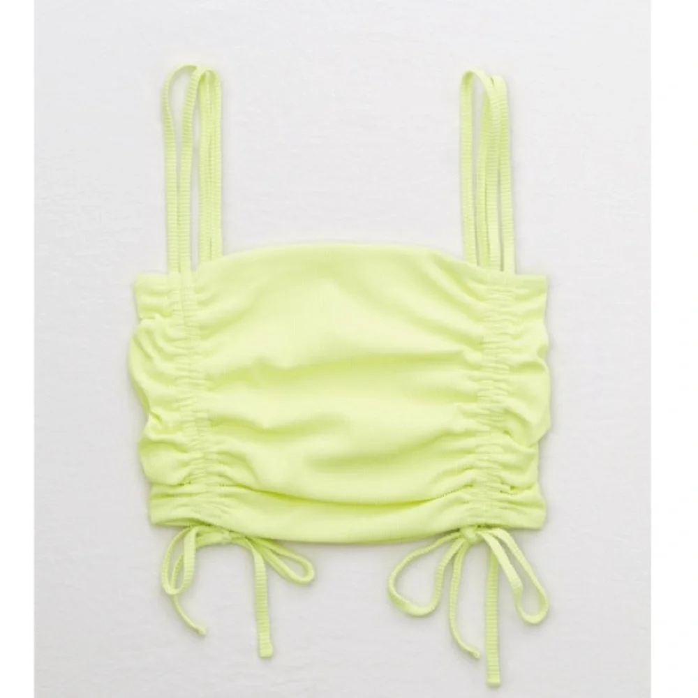Aerie Ruched Ribbed Longline Bandeau Bikini Top in Yellow Infusion Size Small